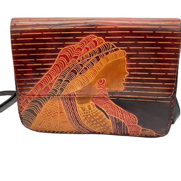 Unknown Handbags - Vintage hand tooled leather African female‎ braids ethnic purse India